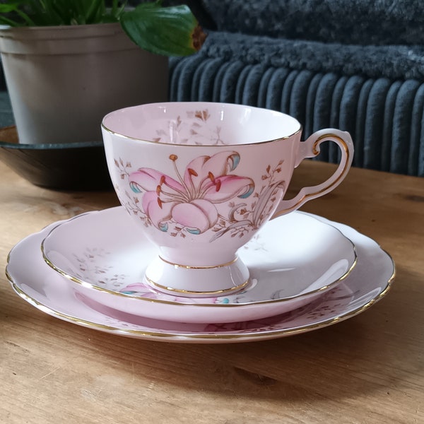 Beautiful rare Pink Vintage English Fine bone china Trio tea set by Tuscan china "Tiger Lily" pattern C1950s in super condition