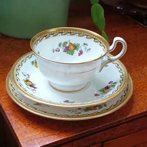 Vacker sällsynt vintage Aynsley "Gold Autumn Fruits" engelsk benporslin Trio. Tekopp, fat och tefat ca 1940-talet i fint skick