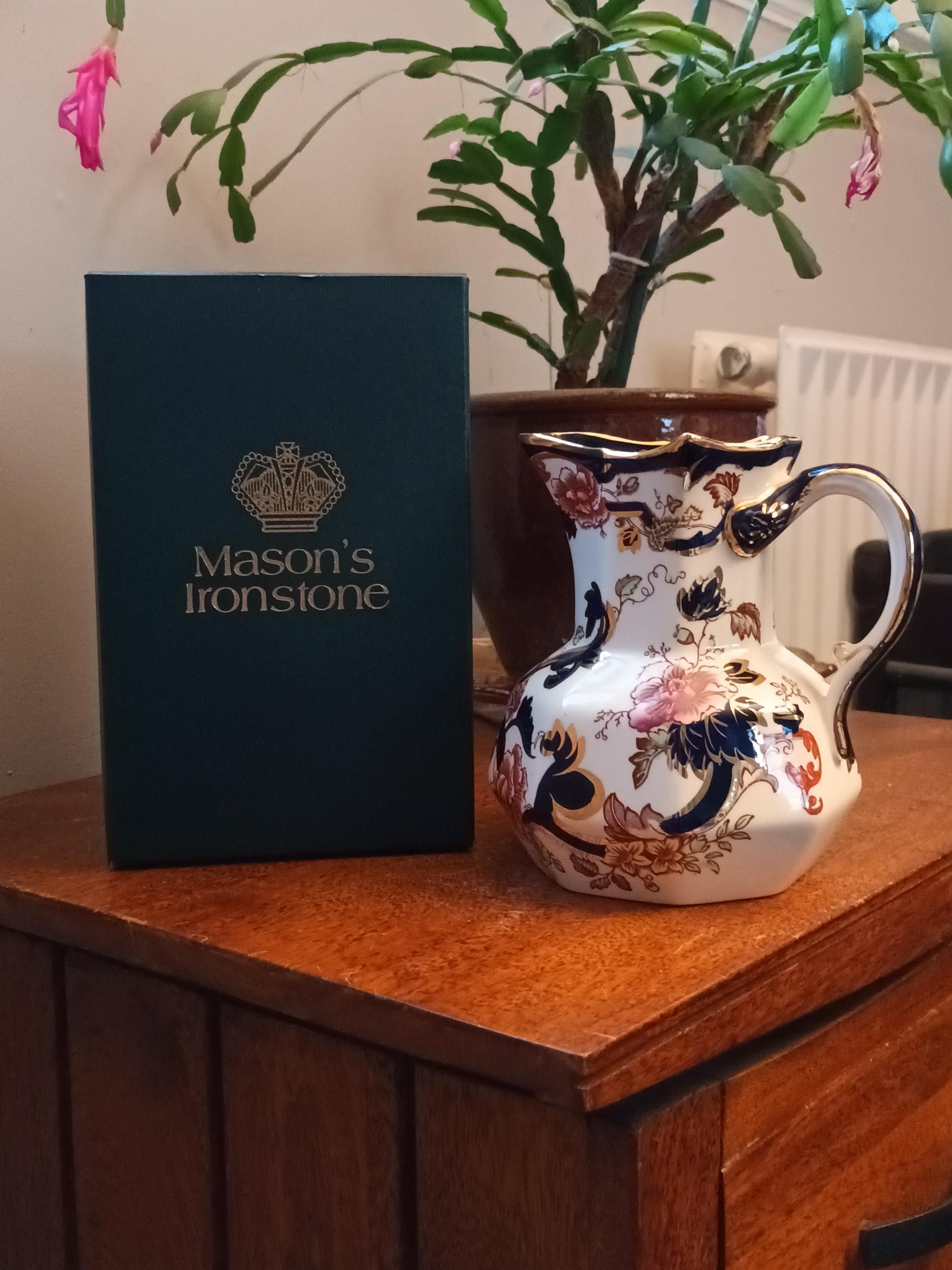 Beautiful Boxed Vintage Very Large Masons ironstone Mandalay blue Wide bottom hexagonal jug C1950s (seen in Downton Abbey)  super condition