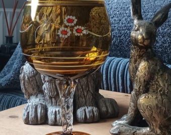 Beautiful Unique  Vintage Italian Very large hand painted  Amber and gold  twisted stem Glass C1970s in fabulous condition