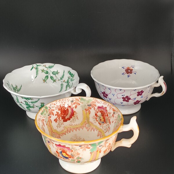 3 Beautiful Antique Rare English hand painted Bone china  Tea cups C1850s in lovely condition