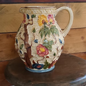 Fabulous Rare Vintage Large handpainted English Ceramic "Indian Tree" Flower vase / Pitcher made by  H J Wood C1930s in great condition
