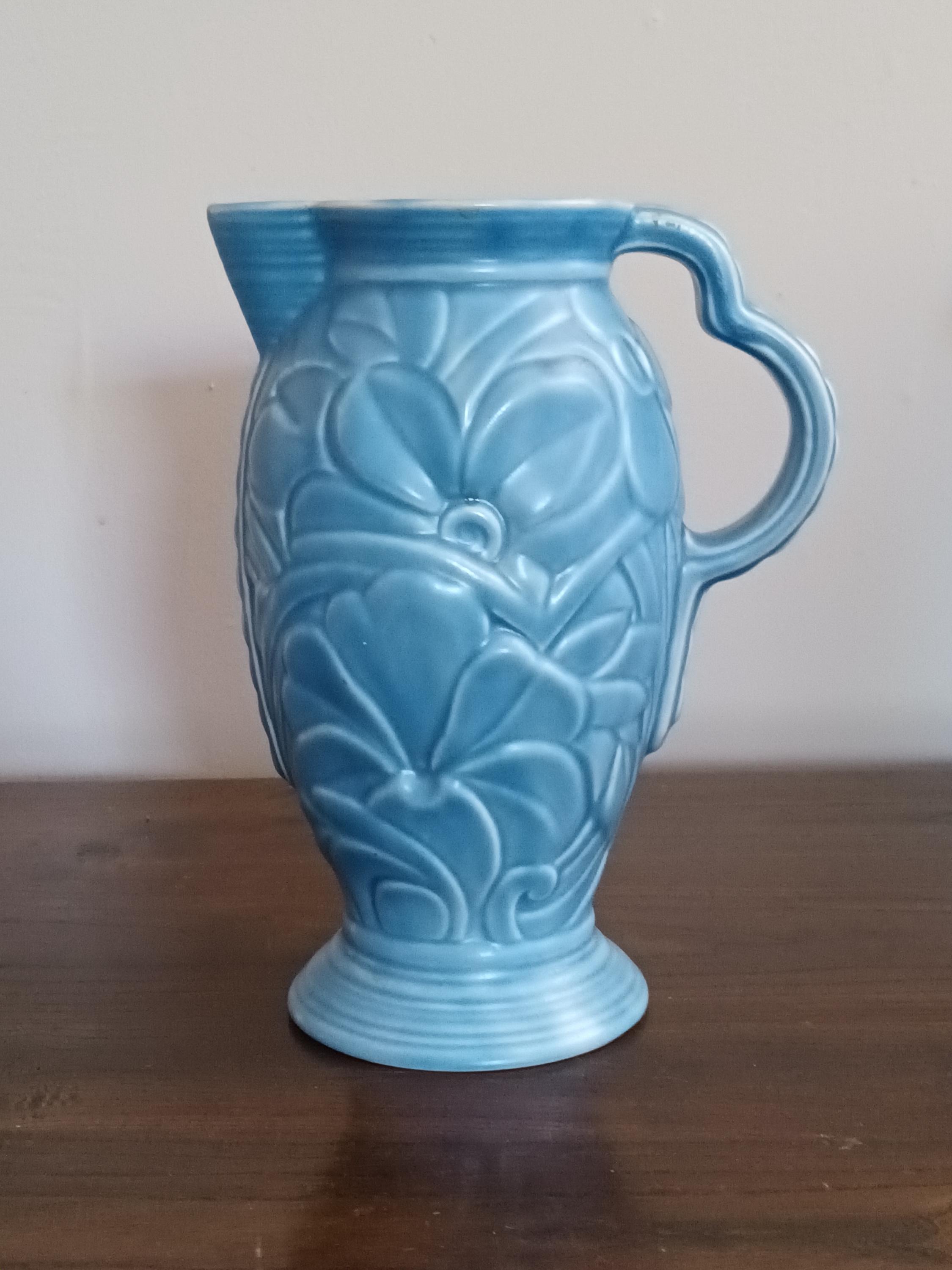 Beautiful Rare Vintage English Blue Ceramic Water Pitcher by Wade