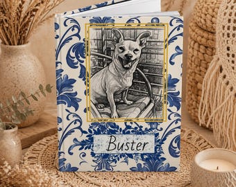 Aangepast huisdierportret dagboek hardcover | Blauw damast notitieboek, gepersonaliseerde naam