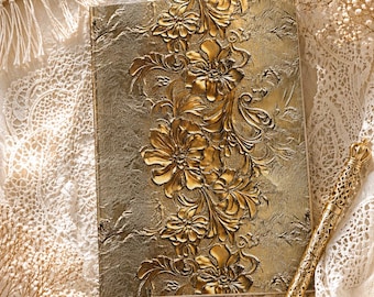 Goudkleurig sierlijk damast hardcover dagboek | Vintage barok notitieboek