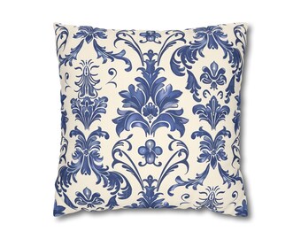 Blauwe vierkante kussensloop met damast bloemen | Decoratieve sierkussenhoes