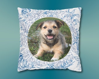 Gepersonaliseerde kussensloop huisdierfoto, blauwe toile, aangepast hondenkussen cadeau, huisdier gedenkkussen, aangepast huisdier decor Cottagecore-cadeau