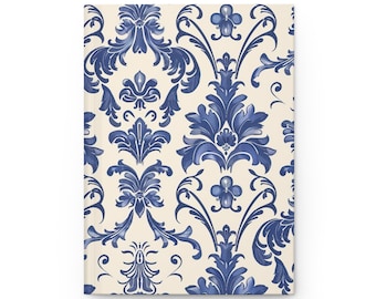 Blauw damastpatroon hardcover dagboek | Mat notitieboek, vintage toiletpapier met bloemen