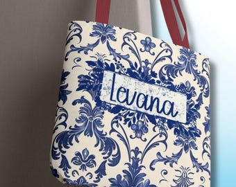 Gepersonaliseerde draagtas blauwe toile-damast met naam | Gepersonaliseerde draagtas van canvas met monogram