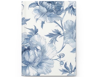 Hardcover dagboek met blauw damastroospatroon | Mat notitieboek, vintage toiletpapier met bloemen