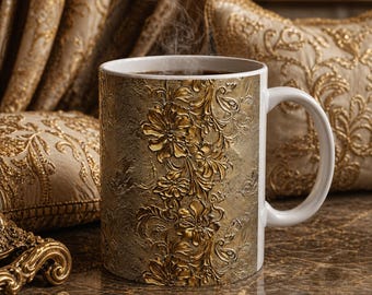Gold Baroque Mug, Faux 3D Gold Floral Mug, Luxury Vintage Mug, Ornate Coffee Cup, Gold Aesthetic Gift, Elegant Kitchen Decor
