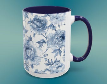 Blue Rose Damask Pattern Accent Coffee Mug | Ceramic 11oz or 15oz