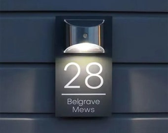 Letrero de acrílico personalizado con placa de casa y LED solar