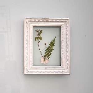 May include: A white framed picture with a pressed fern and flower inside. The frame has a decorative border.