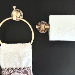 Antique Brass Bathroom Set of 2 with All screw accessories include:  Hand Towel Ring and Toilet Paper Holder
