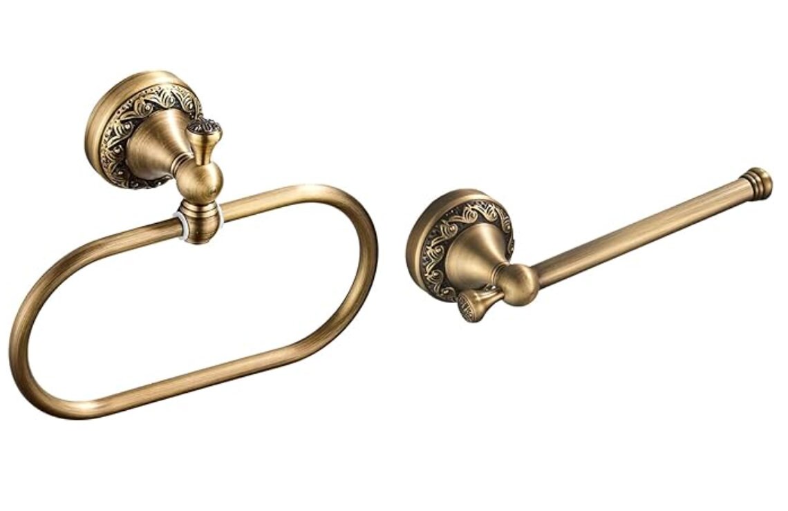 Antique Brass Bathroom Set of 2 Hand Towel Ring and Toilet Paper