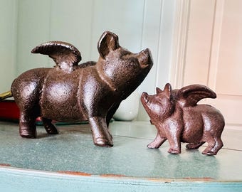 Lucky Set of 2 Flying Pig, Mom Pig and Baby Pig, garden decor, desk/table decor, indoor/outdoor decor, Holiday gift