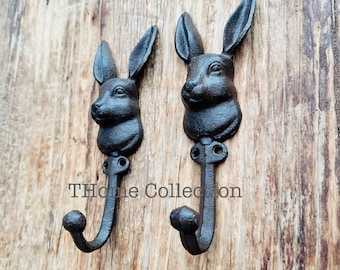 Pair of 2 Large Cast Iron Rabbit Hook, Heavy Duty Hook include free screws and screw anchors
