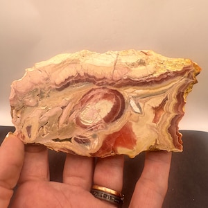 May include: A slab of banded agate with pink, white, and brown swirls and bands. The agate has a natural, rough surface.