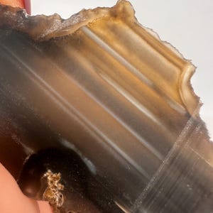 May include: A polished agate stone slice with a mix of brown, gray, and white bands. The natural stone has a diagonal pattern and a rough, textured edge. The colors transition from dark to light, creating a layered effect.