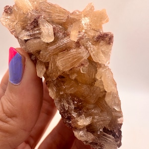 May include: A cluster of translucent, light brown crystals with a reddish-brown tint. The crystals are arranged in a random, organic pattern, creating a unique and interesting texture.
