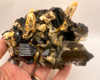 LARGE Schorl Tourmaline with Smoky Quartz and UV-Reactive Hyalite Opal from Erongo Mountains, Namibia, High Quality Well-Formed Tourmaline