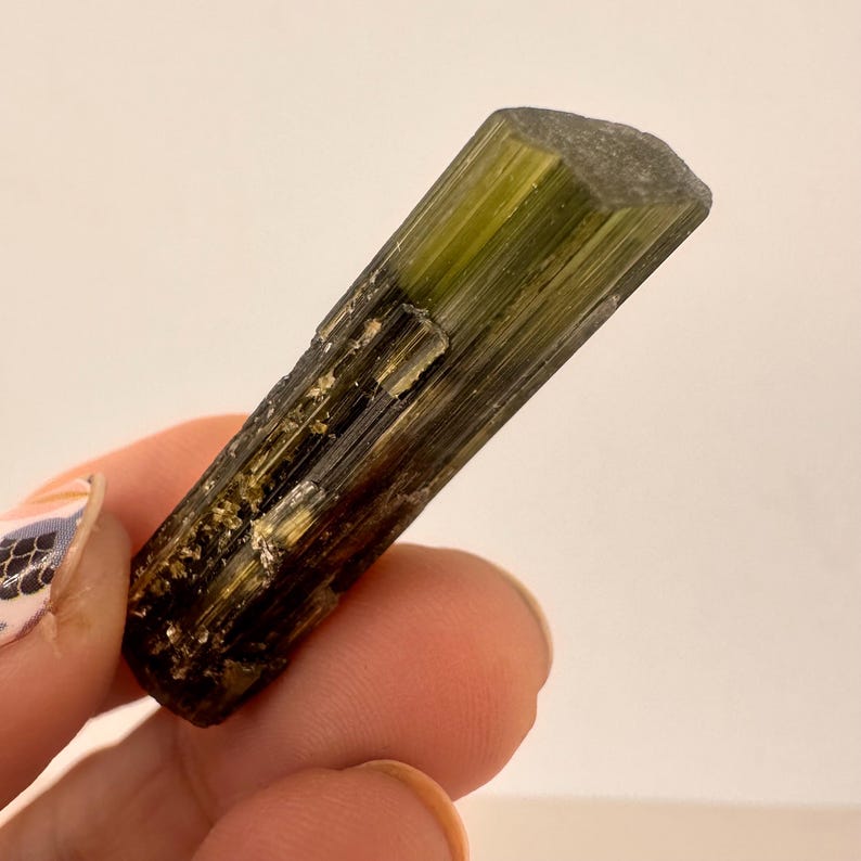May include: A green and brown tourmaline crystal. The crystal is held in a hand and has a hexagonal shape at the top. The colors transition from a dark brown at the base to a vibrant green at the top.