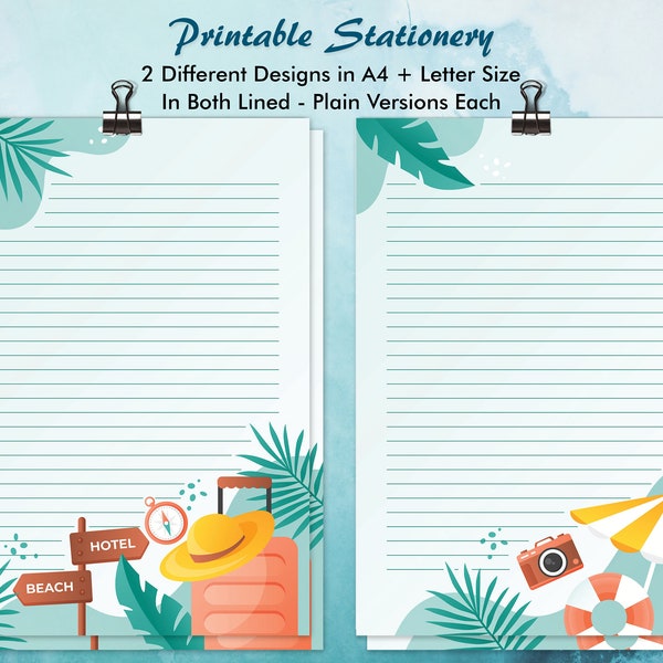Travel Trip Itinerary Planner Stationary Paper set, Holiday Vacation Digital Planner, Lined Unlined Travel Journal Notebook Sheets