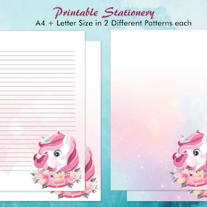 Juego de papelería de papel de notas para escribir cartas imprimibles, unicornio mágico forrado - Hojas de papel de diario sin forro para niños en Baby Unicorn