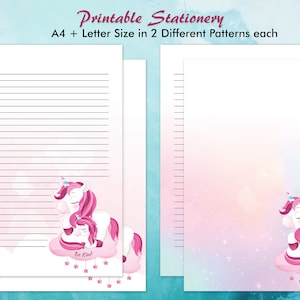 Papelería imprimible de unicornio, papel forrado, papel de notas para escribir cartas imprimible con animales lindos, juego de papelería de unicornio arcoíris Be Kind para niños