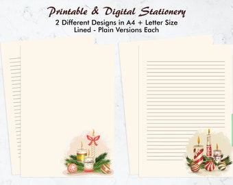 Printable Christmas Candle Letter Writing Stationery, Watercolor Note Paper Art Prints, Candle Illustration Journal Paper Stationary Sheets