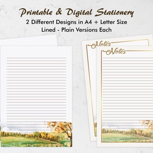 Carta de otoño escribiendo papelería Impresiones, Notas digitales Tomando acuarela Estacionaria Escritura floral Nota Papel Diario Páginas Descarga instantánea