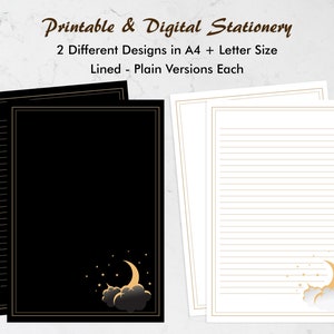 Celestial Moon and Stars Illustration Writing Paper Stationary Set Mystical Plain Journal Note paper Sheet Notepad for Kids Digital Download