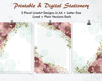 Floral Blooms letter writing Stationery paper Set, Spring Printable journal writing sheets lined and unlined prints