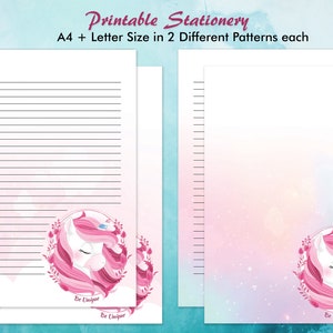 Papel de escribir forrado de papelería imprimible de unicornio arcoíris, juego de papelería de papel de notas para escribir cartas con impresiones únicas de unicornio para niños