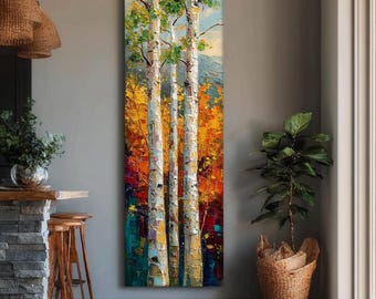 May include: Vertical oil painting of birch trees with white bark, green leaves, and a colorful autumn background. The artwork features a textured, impressionistic style with vibrant hues of yellow, orange, red, and blue, evoking a sense of nature and the outdoors.