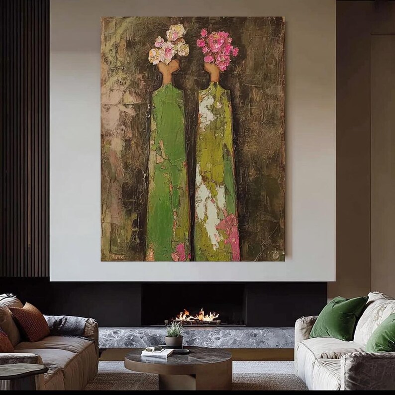 Abstract Woman Figure Painting Large Brown and Green Texture Painting ...
