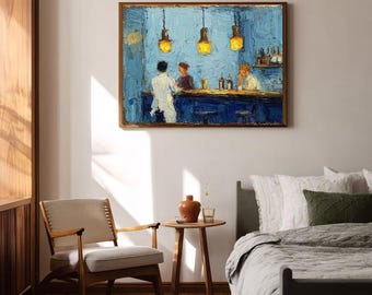 Impressionistisch Impasto Olieverfschilderij Nachtbar Scène Bar Lounge Cocktail Drankjes Muurkunst