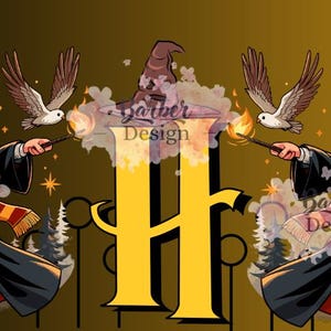 Puede incluir: Una ilustración digital de dos personajes de dibujos animados de Harry Potter con varitas y búhos. Los personajes están a cada lado de una gran letra H amarilla. El fondo es un degradado dorado.