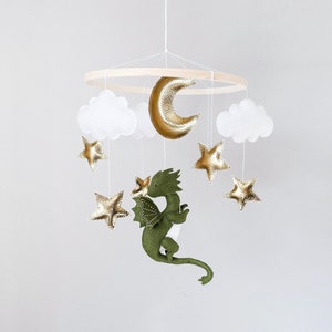 Baby mobile  for crib, Dragon nursery decor girl, Baby shower gift for newborn boy, Golden moon and stars mobile