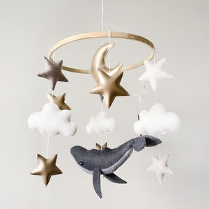 Whale baby mobile for crib, Ocean theme nursery decor girl baby shower gift for baby boy, Moon and stars mobile