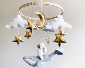 Space Baby Mobile: Felt Astronaut, Whale, Moon & Stars Nursery Decor