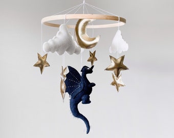 Dragon baby mobile for crib, Dragon nursery decor neutral, Baby shower gift for newborn boy, Moon and stars mobile hanging