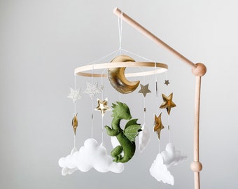 Dragon baby mobile, Space nursery decor, Golden stars and moon crib mobile, New baby gift, Gender neutral nursery decor