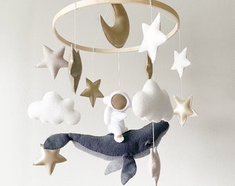 Whale Nursery Mobile: Felt Astronaut, Moon & Stars Crib Decor