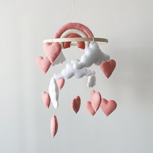 Baby Mobile Rainbow, Baby Mobile Girl, Baby Mobile Clouds, Rainbow Nursery Decor, Crib Mobile Girl, Heart Baby Shower, Girl Baby Gift