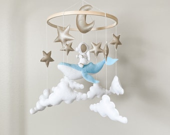 Whale Baby Mobile: Felt Astronaut, Stars, and Moon Nursery Decor