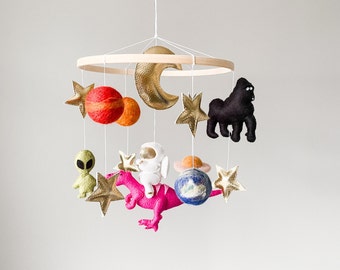 Space Nursery Mobile: Dinosaur, Planets, Alien, Astronaut, Felt Decor