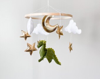 Green dragon baby mobile for crib, Dragon nursery theme, Neutral baby mobile, Baby shower gift for newborn, Stars and moon mobile