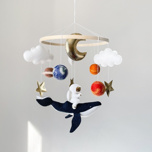 Space Nursery Mobile: Felt Whale, Astronaut, Planets Crib Decor